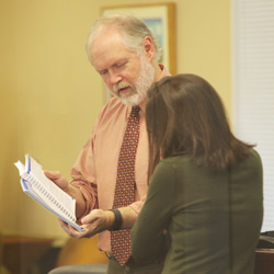 Olson with a student in Advanced Legal Research